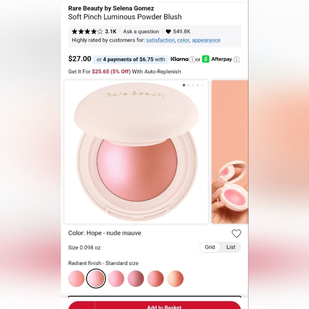 Rare Beauty Soft Pinch Luminous Powder Blush -Hope